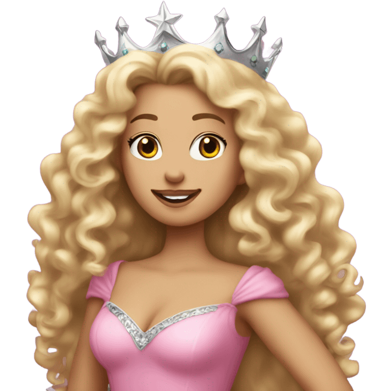 Woman with long blonde curly hair and a silver crown, waring a big pink gown and a magic wand that matches her crown emoji