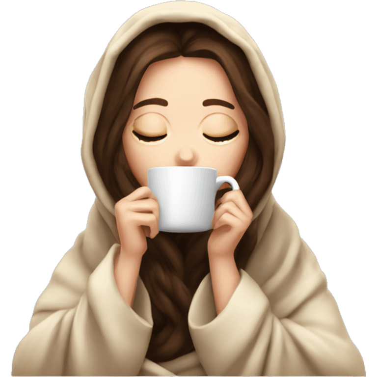 White girl brunette inside a blanket sipping coffee eyes closed emoji