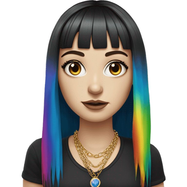 Hyperrealistic white girl with blue eyes and long black hair with rainbow fringe. Wearing gold chain necklace has dark eye makeup on her eyes emoji