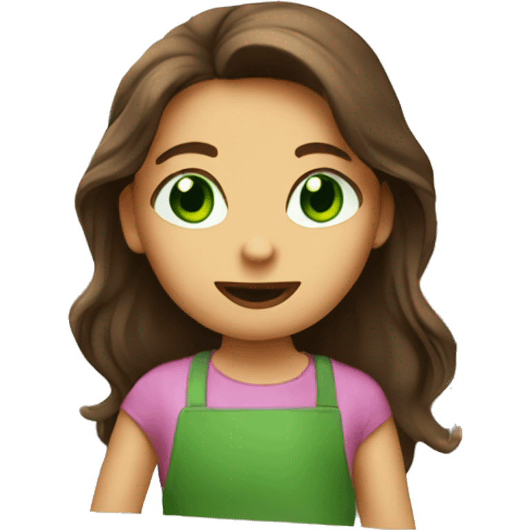 Small girl baking cookies long brown hair and green eyes emoji