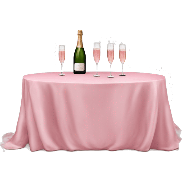 Sweetheart wedding table with pink table cover, peonies, pink champagne bottle and two glasses full of champagne emoji