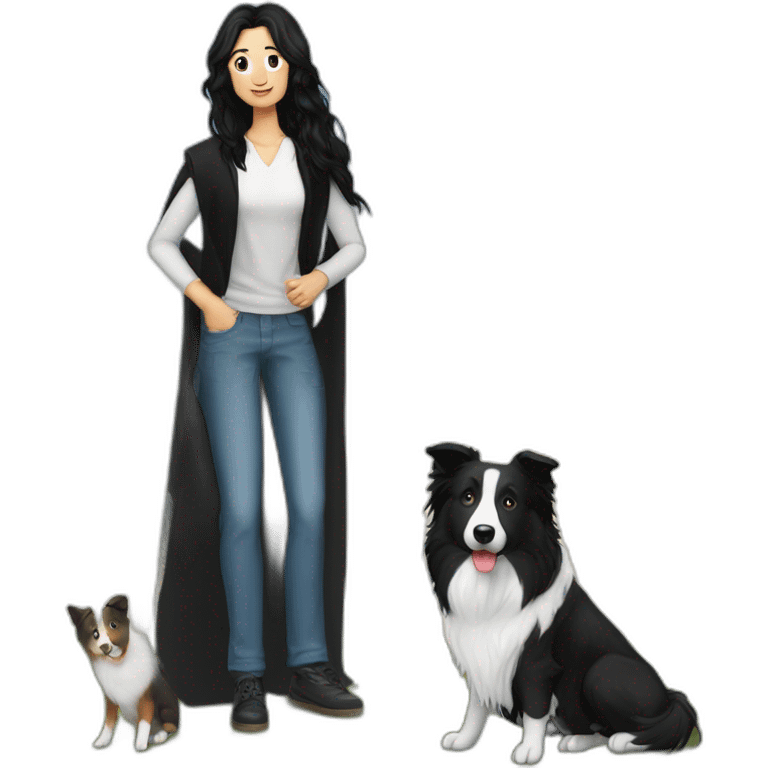 aa family photo a a family photo of a 30-year-old boy with very long black hair next to a black and white border collie emoji