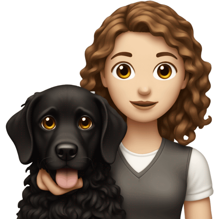 white girl with wavy brown hair holding black dog emoji