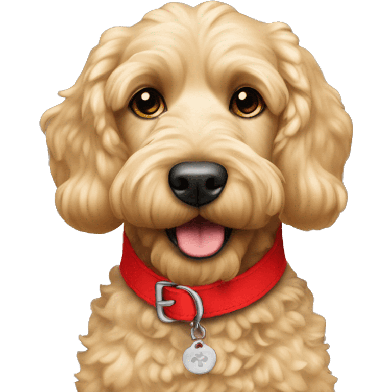 Blonde cockapoo with red collar saying Oscar emoji