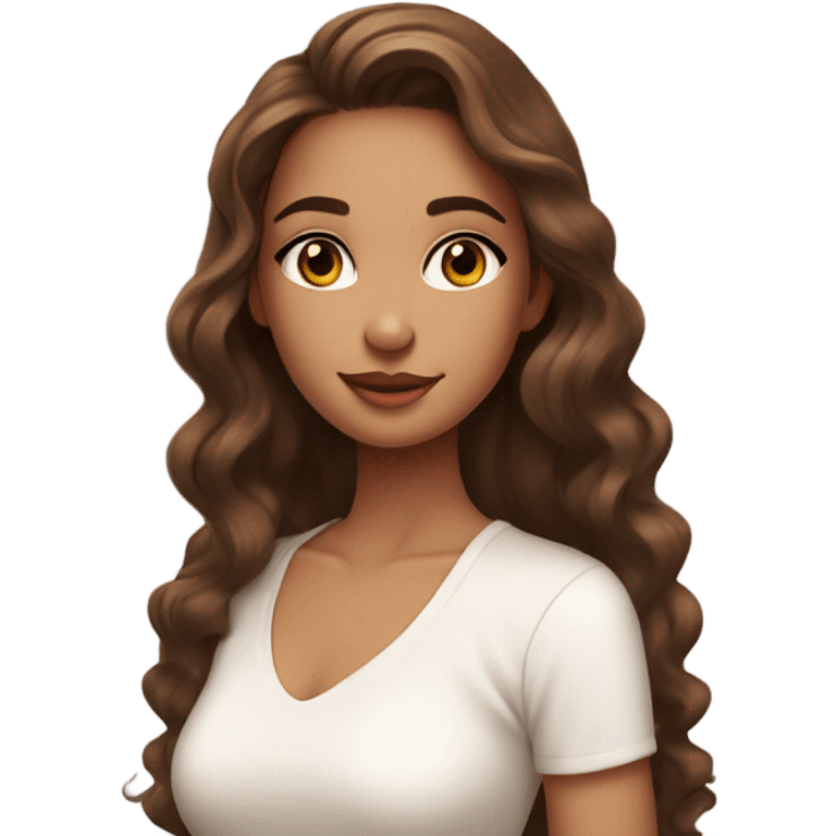 A girl with long, wavy brown hair, glowing skin, soft makeup, wearing a white top, emoji