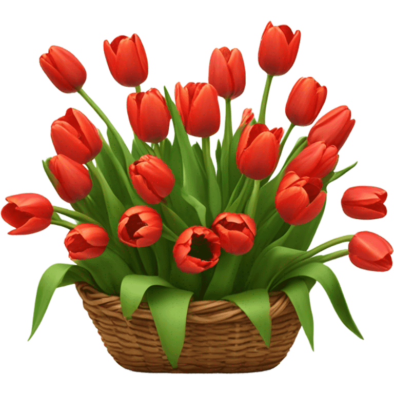 Red tulips bouquet in basket. Basket smaller emoji