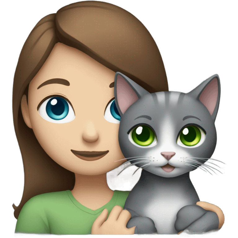 A brown-haired girl with blue eyes is hugging a gray cat with green eyes. emoji