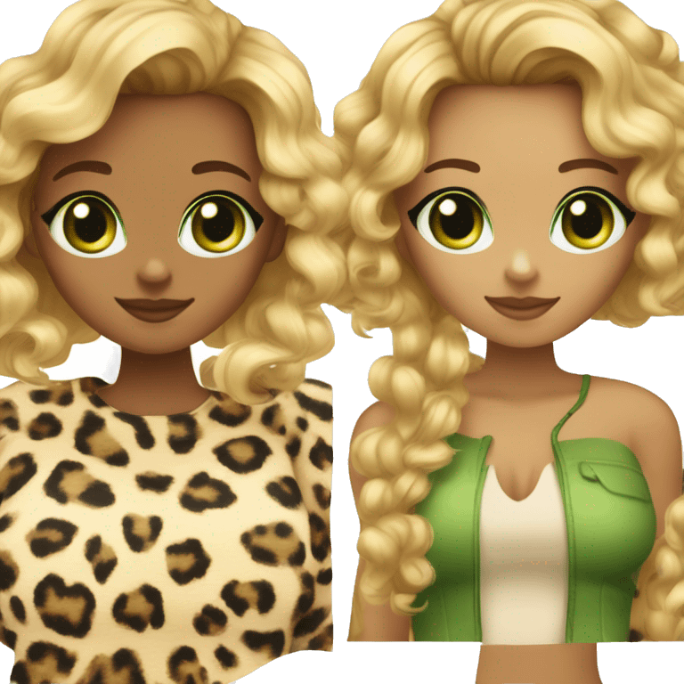 tanned girl with curly blonde hair with highlights. leopard top and black cat with green eyes emoji