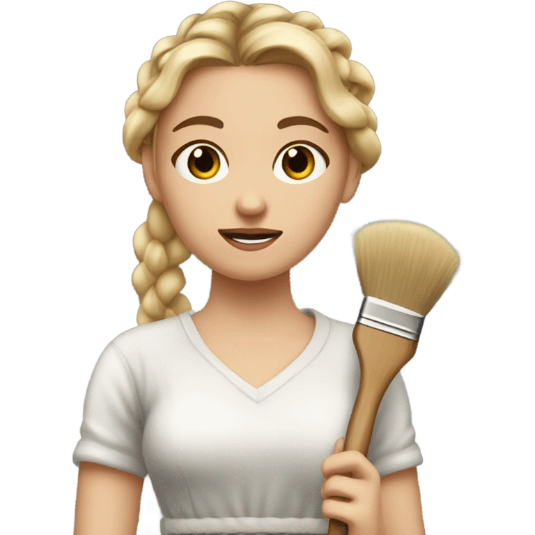 "A young woman with braided blond hair, fair skin, and a lively but slightly worried expression. She wears a simple dress, holding a brush with wite paint on it." emoji