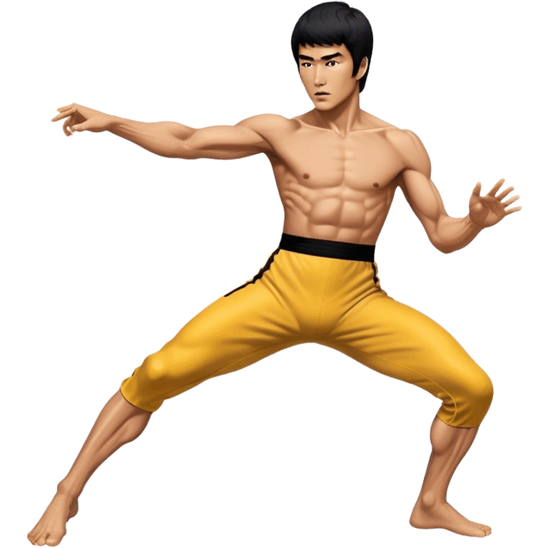 Cinematic Realistic portrait of Bruce Lee, shown as a legendary martial artist in a dynamic, powerful pose with modern athletic attire and finely detailed muscle definition, rendered in dramatic action lighting emoji