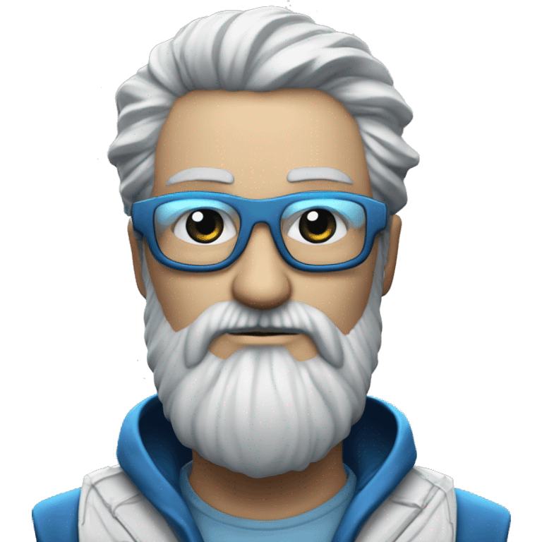 Homme grande barbe blanche, chauve, yeux bleu lunette et manteau cyberpunk emoji