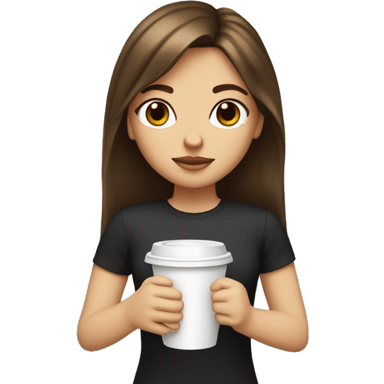 Girl with brown hair, curtain bangs and white skin holding stabucks cup emoji