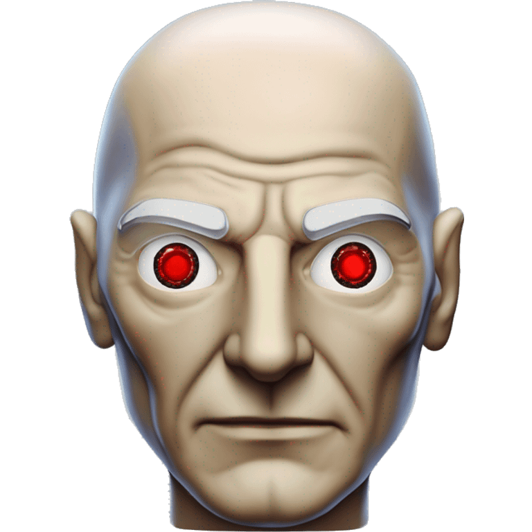 Jean luc picard from Star Trek assimilated by the Borg, with mechanical metal covering the left side of his face with a red glass lens over the left eye. His right eye looks like a normal human eye and is dark blue. emoji