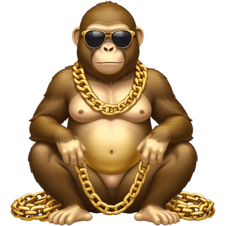 ape with big golden chain on the neck wearing sunglasses sitting on the big pile of gold  full height. emoji