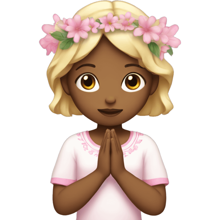 white with blonde hair praying girl with pink flora in hands and floral crown emoji