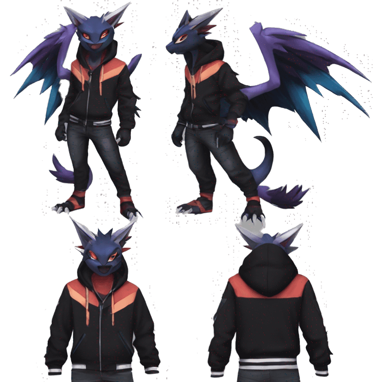 Cool Anthro Black Noivern-Absol-Litten-Pokémon with edgy stripes hoodie spiked collar punk Full Body emoji