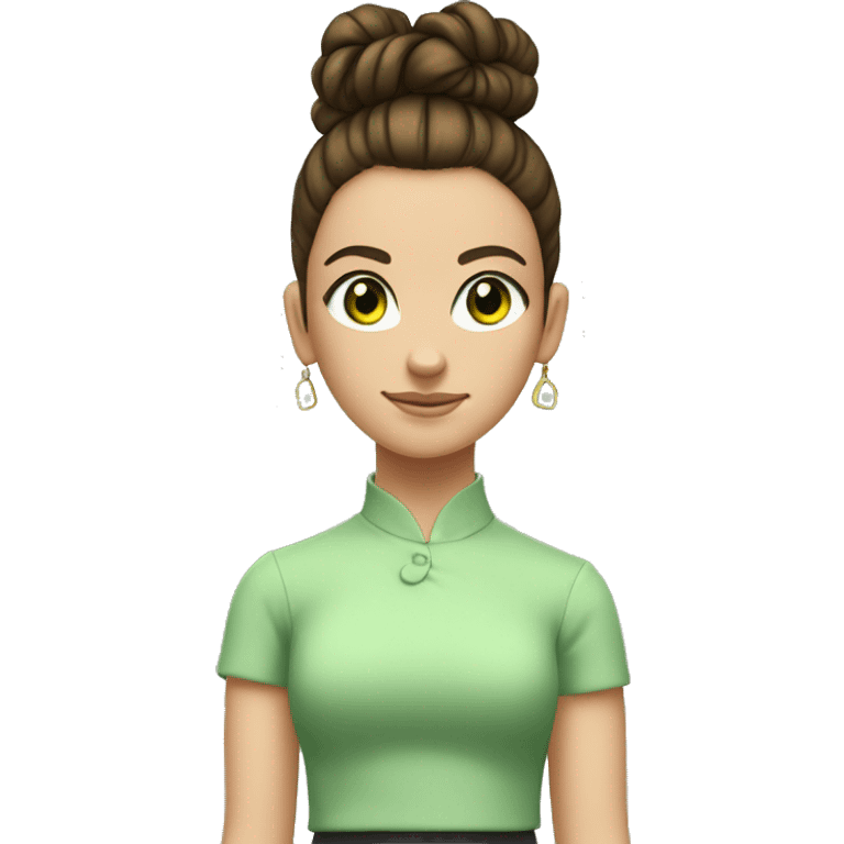 young girl with brunette hair tied up in a high bun and brunette hair, light green eyes  is take a sign with a big 10 emoji