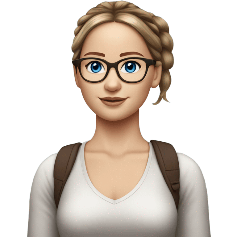 Hyper real Jennifer Lawrence with blue eyes glasses and chocolate hair in ponytail  emoji