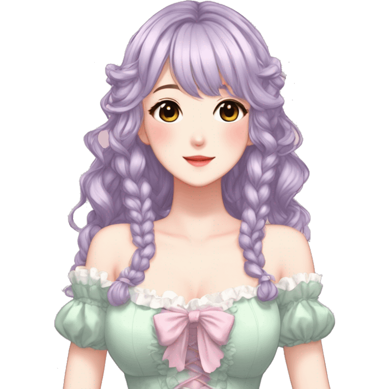 gorgeous pretty attractive anime lady beautiful hair with gorgeous dress fairycore cottagecore pastelcore detailed high quality trending VOGUE aesthetic head and bust emoji