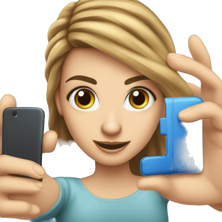 Uma garota de cabelos loiros e olhos azuis, segurando um celular fazendo selfie emoji