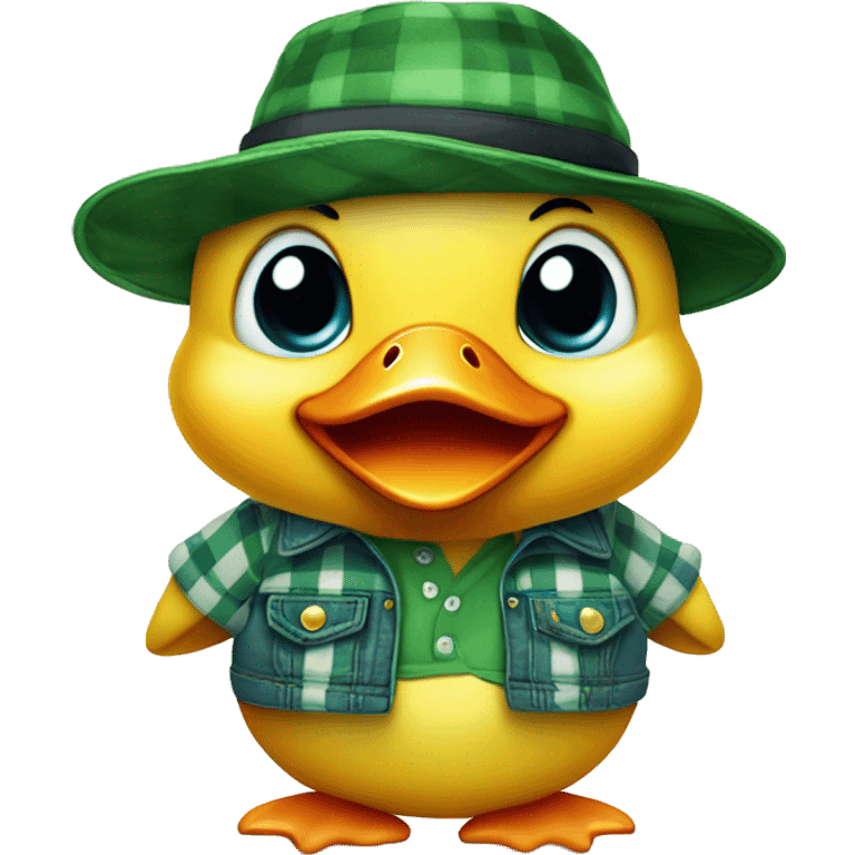 cute fluffy chubby baby duck with hand and wear green hat and red checkered shirt and jeans jumpsuit emoji