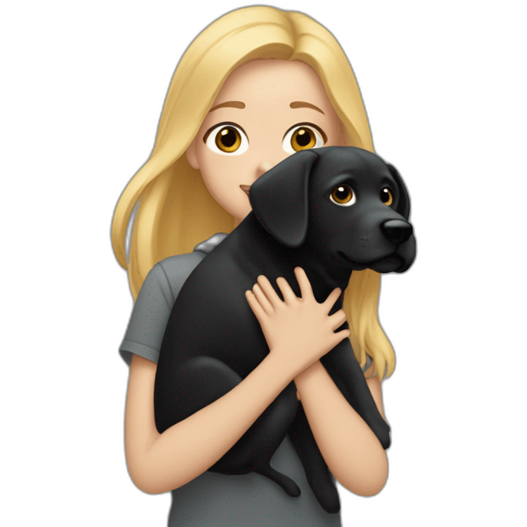 A blonde girl  with smooth hair and a ray in the middle of his hair, she has light skin a few freckles, and she wear a hoodies and she Carries in his arms a black baby labrador dog  emoji