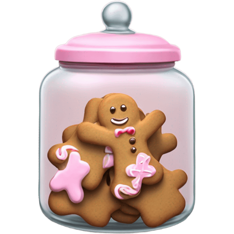 Realistic glass cookie jar with light pink lid full of gingerbread cookies isolated.  emoji