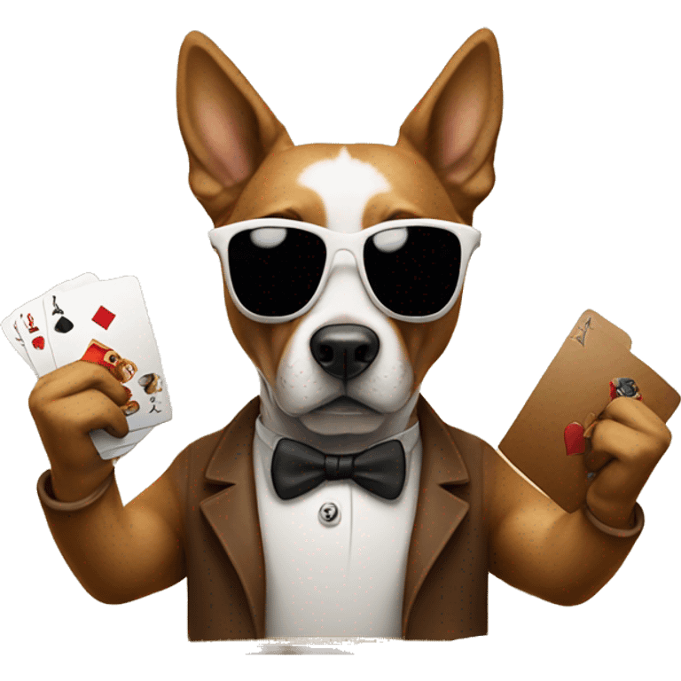 Dog playing poker with shades on and 2 cards in his hands emoji