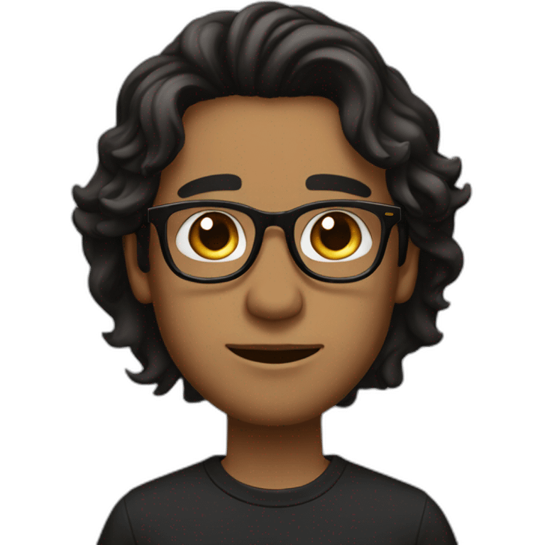 Brown guy, black eyes, black long wavy hair, no facial hair, thin long nose, round glasses, black t shirt emoji