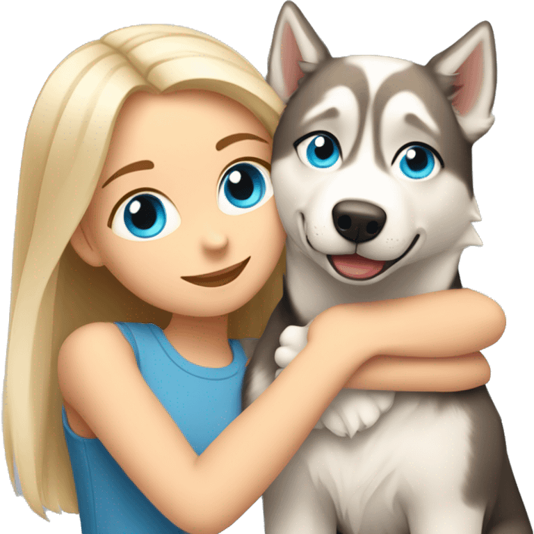 a girl with blue eyes and light-blond hair hugs a husky dog ​​with brown eyes emoji