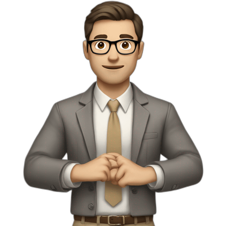 To belt Actively gesturing with hands Pale skinned fit man teacher with dark brown hair in gray jacket, beige office shirt, brown tie, brown pants and vintage glasses. emoji