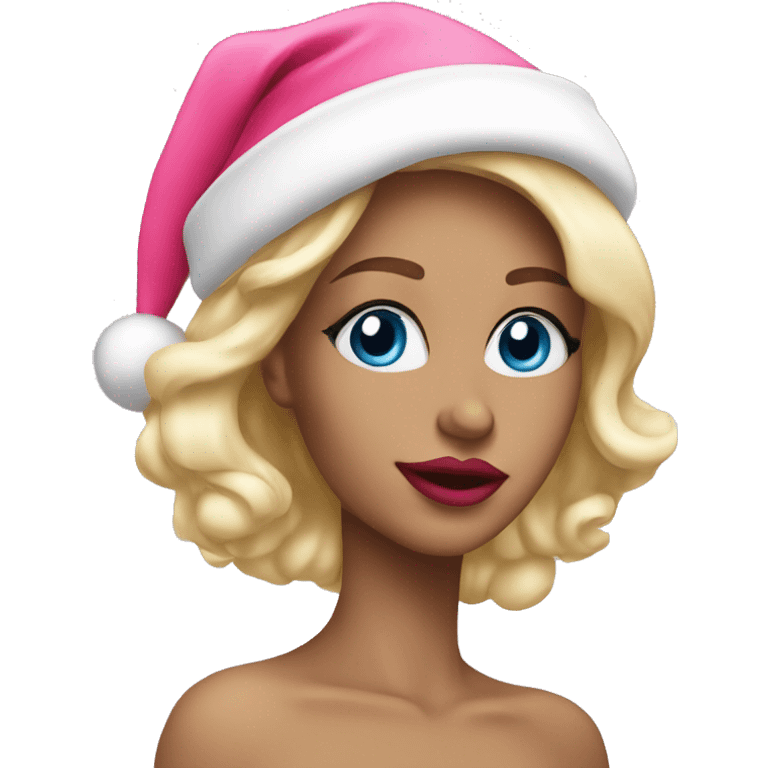 Beautiful blonde blue eyed woman with pink lips wearing red santa hat emoji