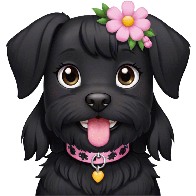 pale girl smiling with light eyes and long black hair wearing black shirt on and smiling black schnauzer with pink flower collar emoji