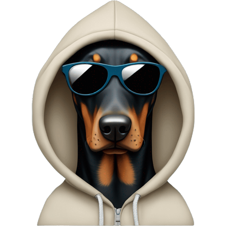 Doberman pincher wearing a hoodie and shades emoji