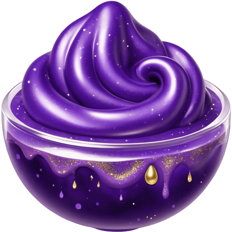 Cinematic Realistic Shiny Slime Mixed with Glitter, thick and glossy with swirling metallic flecks suspended inside, a dynamic mix of deep purple and golden sparkles, light catching every shimmer, flowing smoothly with realistic folds and ripples, glowing with an enchanting, almost liquid-metal effect. emoji