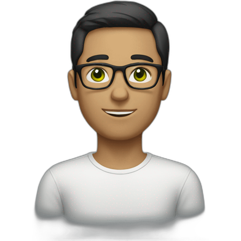 Man with dark short hair and glasses with thin frames. Whie skim green eyes.  emoji