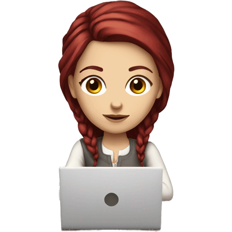 Slavic white girl with burgundy hair and brown eyes with laptop on the table  emoji