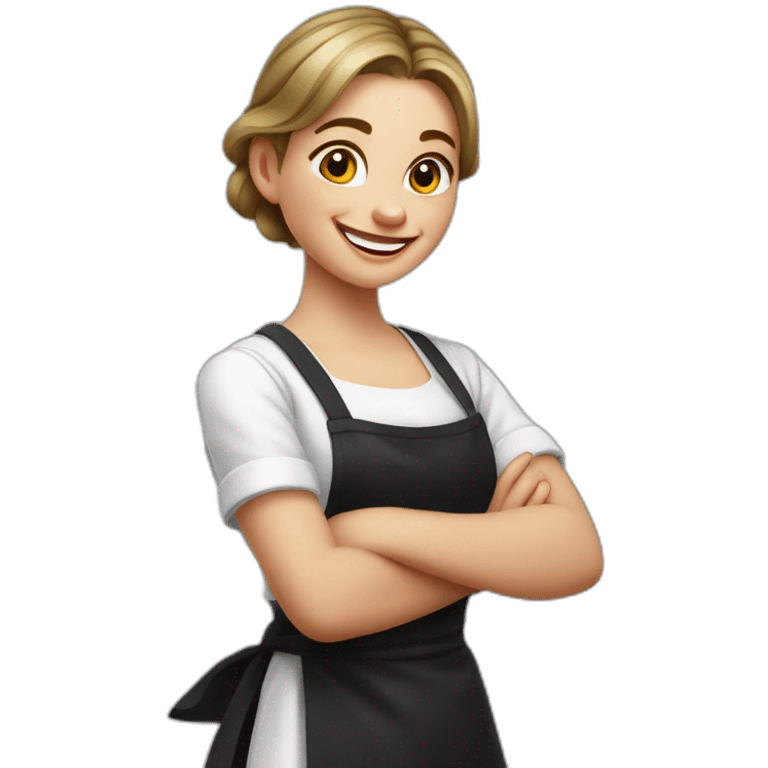 Slavic girl in a white T-shirt and black apron shows class with her thumb and laughs emoji