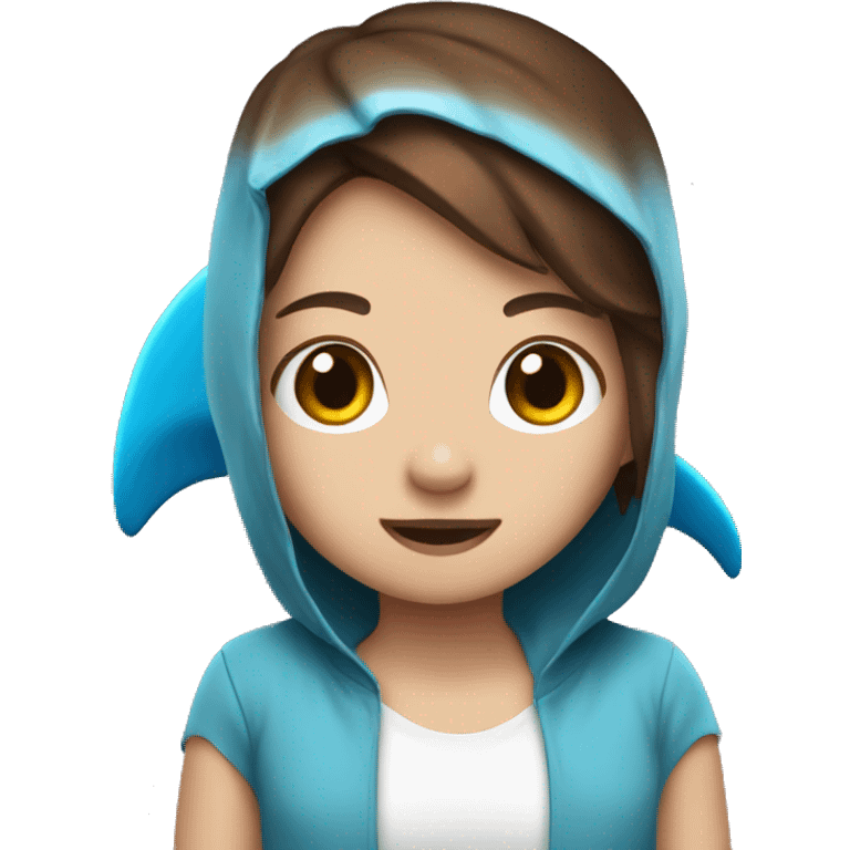 cute  brown hair wearing a cute blue shark costumee  emoji