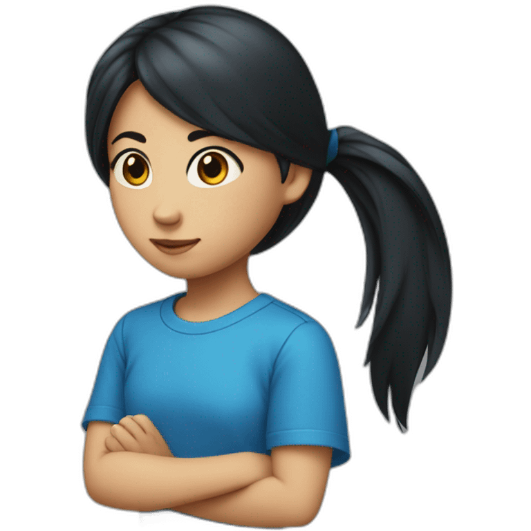 A 11 year old girl wearing a blue t shirt with long black hair which is tied in a pony tail emoji