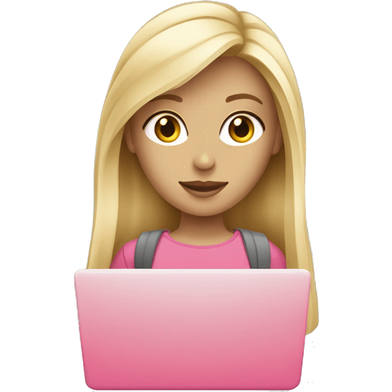 Graphic designer blonde girl with long hair and fair skin with grey eyes with Pink laptop  emoji