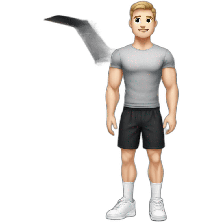 Pale skinned Fit Man With the biceps and dark brown hair in black shirt, gray sports shorts and white Sneakers Relies on the plane emoji