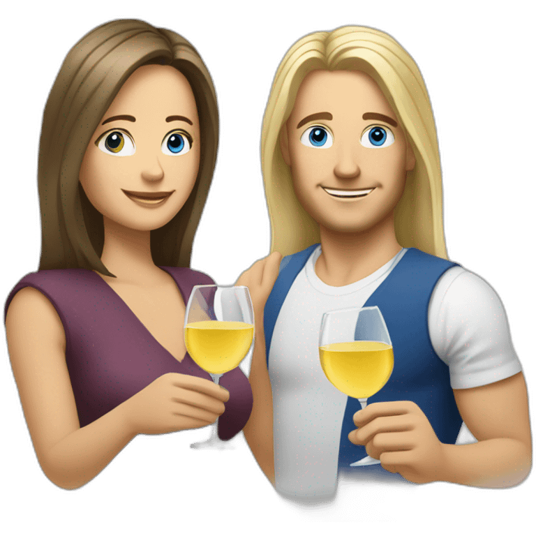 A white woman, she has brown eyes and blond medium long hair. A white man, he has blue eyes and grey hair. They toast to each other with a glass of white wine. emoji