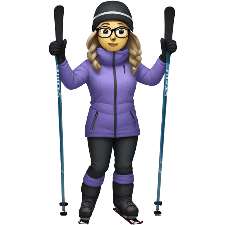 chubby female skier with long hair, glasses, grey-purple snow jacket, black pants and black skis emoji