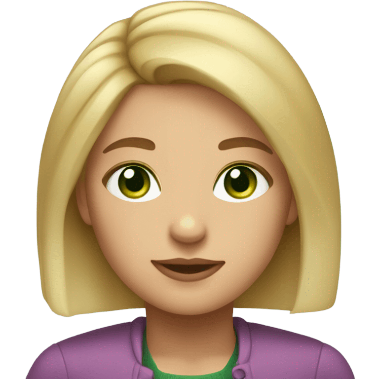 A strong blonde woman with medium length, blonde hair, green eyes a small mole on her chin wearing cute clothes emoji