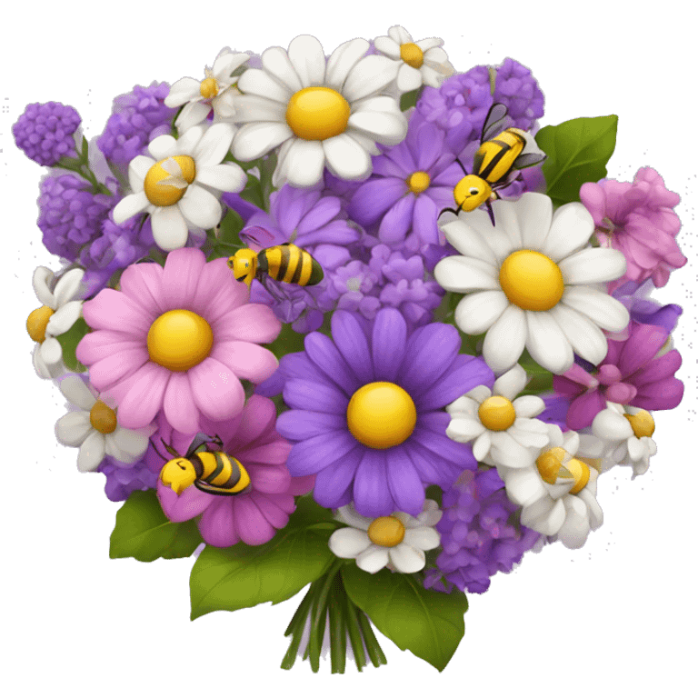 Beautiful bouquet of flowers purple pink white yellow with bees emoji