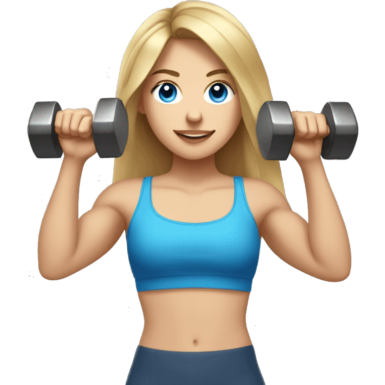 girl with brown hair with blonde highlights and light skin and blue eyes holding a dumbbell while having big arms and abs emoji