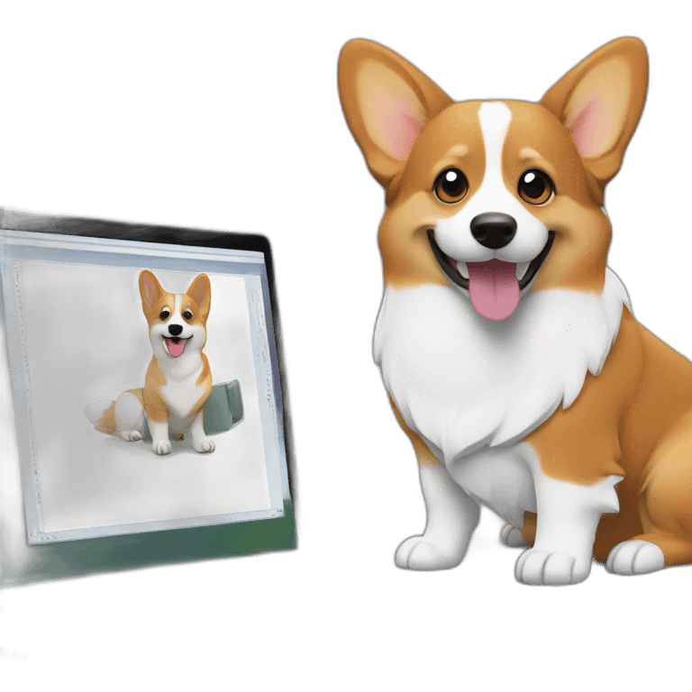 corgi sits behind laptop monitor emoji