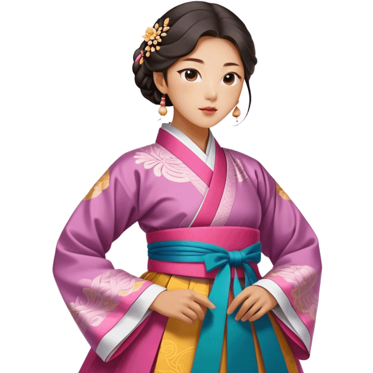 Cinematic Realistic Hanbok Emoji, depicted as a graceful intricately designed traditional Korean dress with vibrant colors and flowing lines, rendered with delicate textures and soft cultural lighting that captures its timeless elegance. emoji