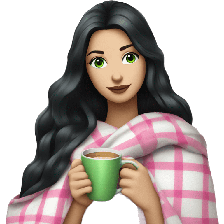 A pretty white woman with long black hair and green eyes wrapped in pastel pink plaid blanket drinking coffee emoji